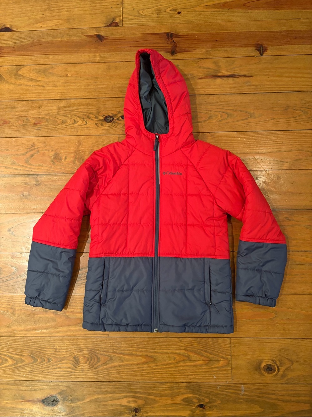 Columbia Red and Gray Colorblock Hooded Puffer Jacket